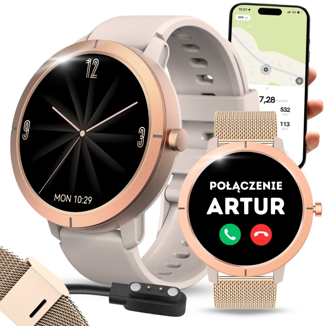 SMARTWATCH DAMSKI POŁĄCZENIA GPS MENU PL AMOLED ZŁOTY PULS SPORTOWY 2 PASKI