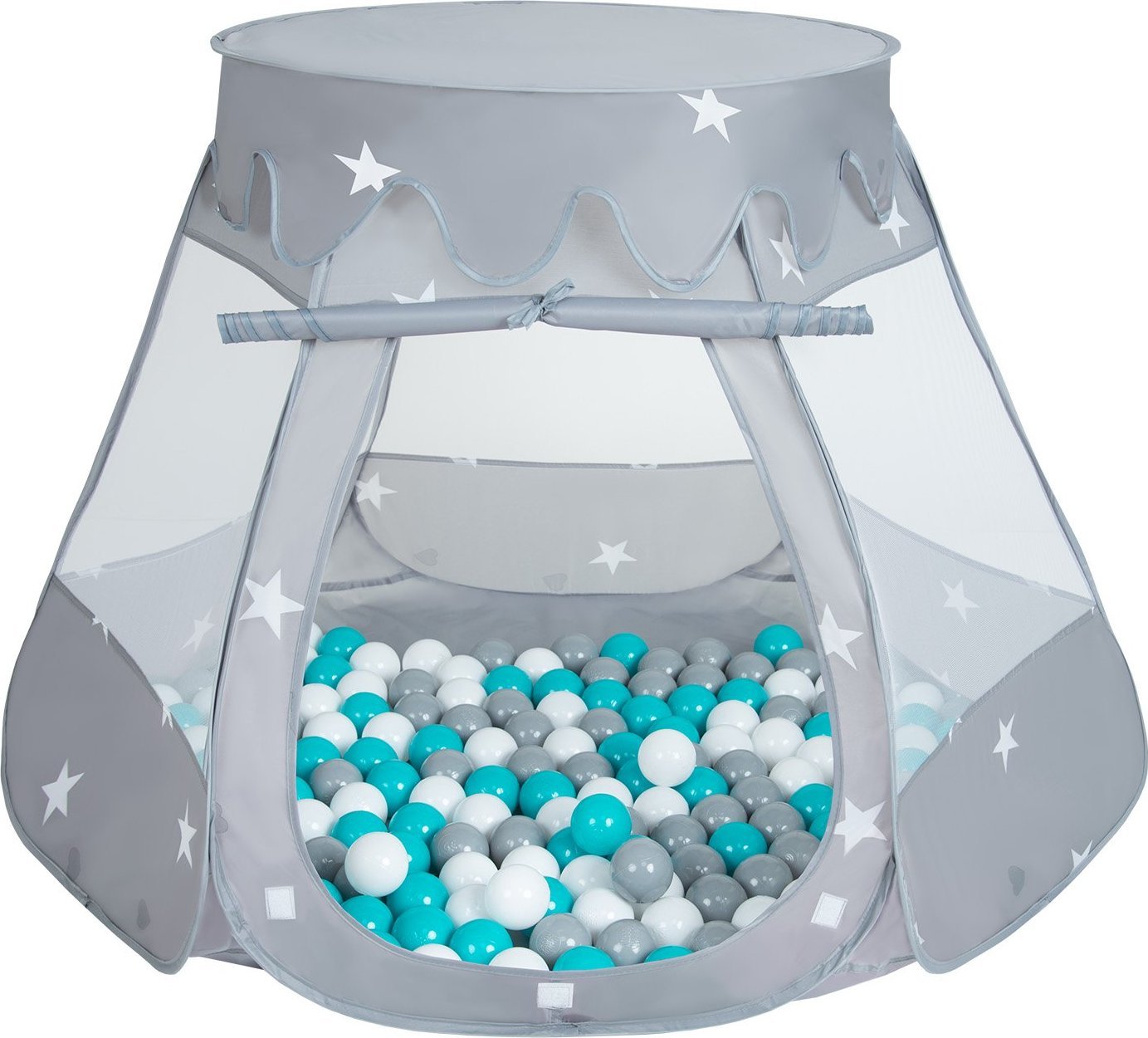 Selonis Namiot zamek NZ-100X z piłeczkami 6cm szary: szary-biały-turkus 105x90cm/100piłek Zabawka namiot dla dzieci