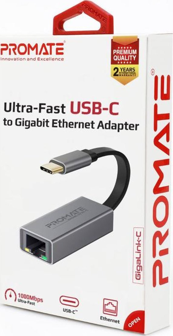Adapter USB Promate USB-C - RJ-45 Srebrny (6959144043579)