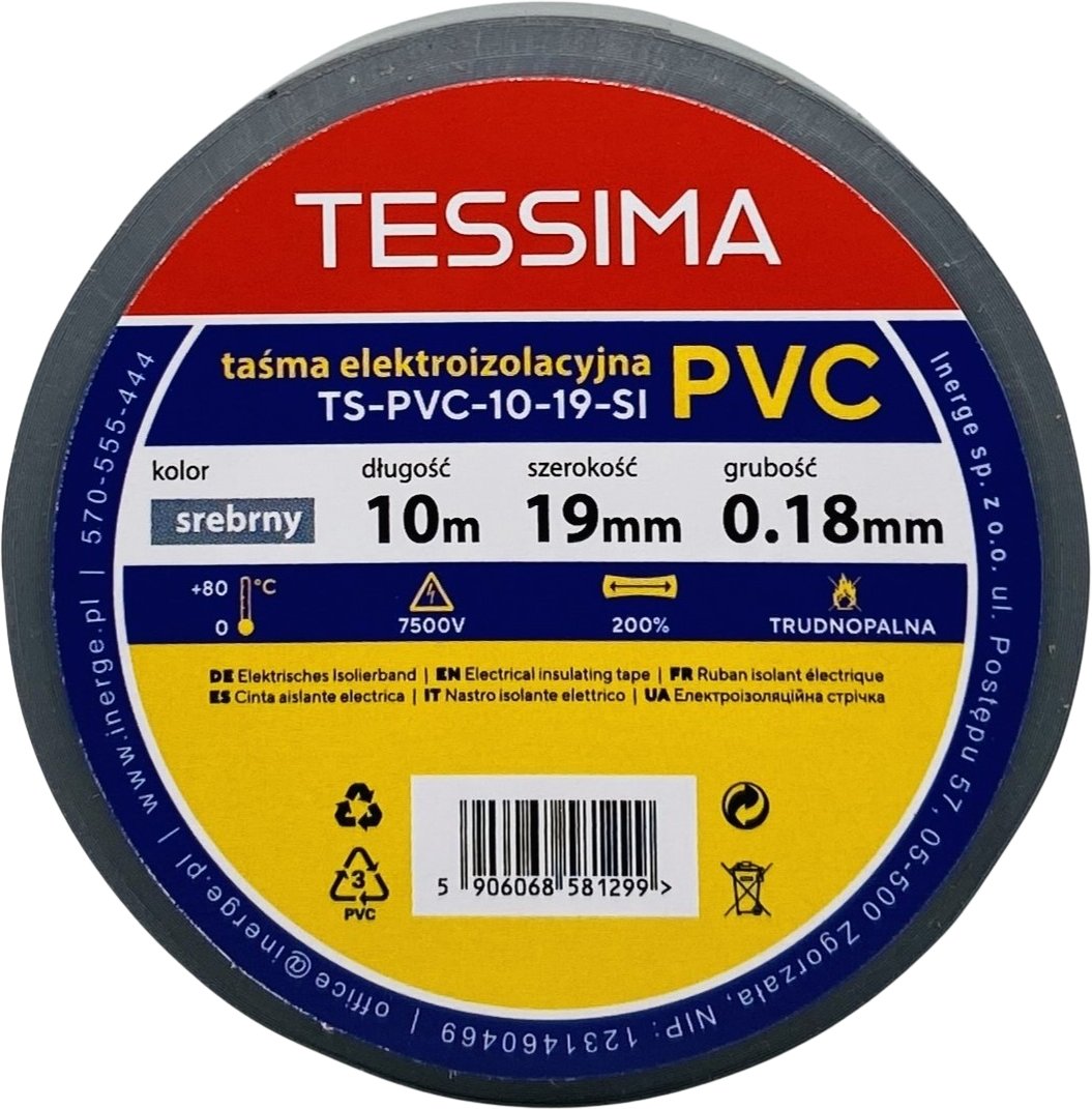 Taśma elektroizolacyjna 10m 19mm 0.18mm srebrna TESSIMA