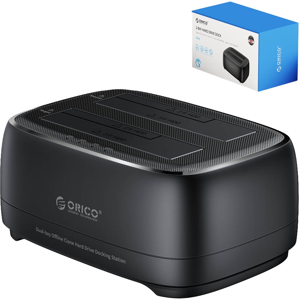 Stacja dokująca Orico 2 dyski SATA 2,5/3,5'' HDD/SSD, klonowanie, USB-C 5Gbps (DD28C3-C-EU-BK-BP)