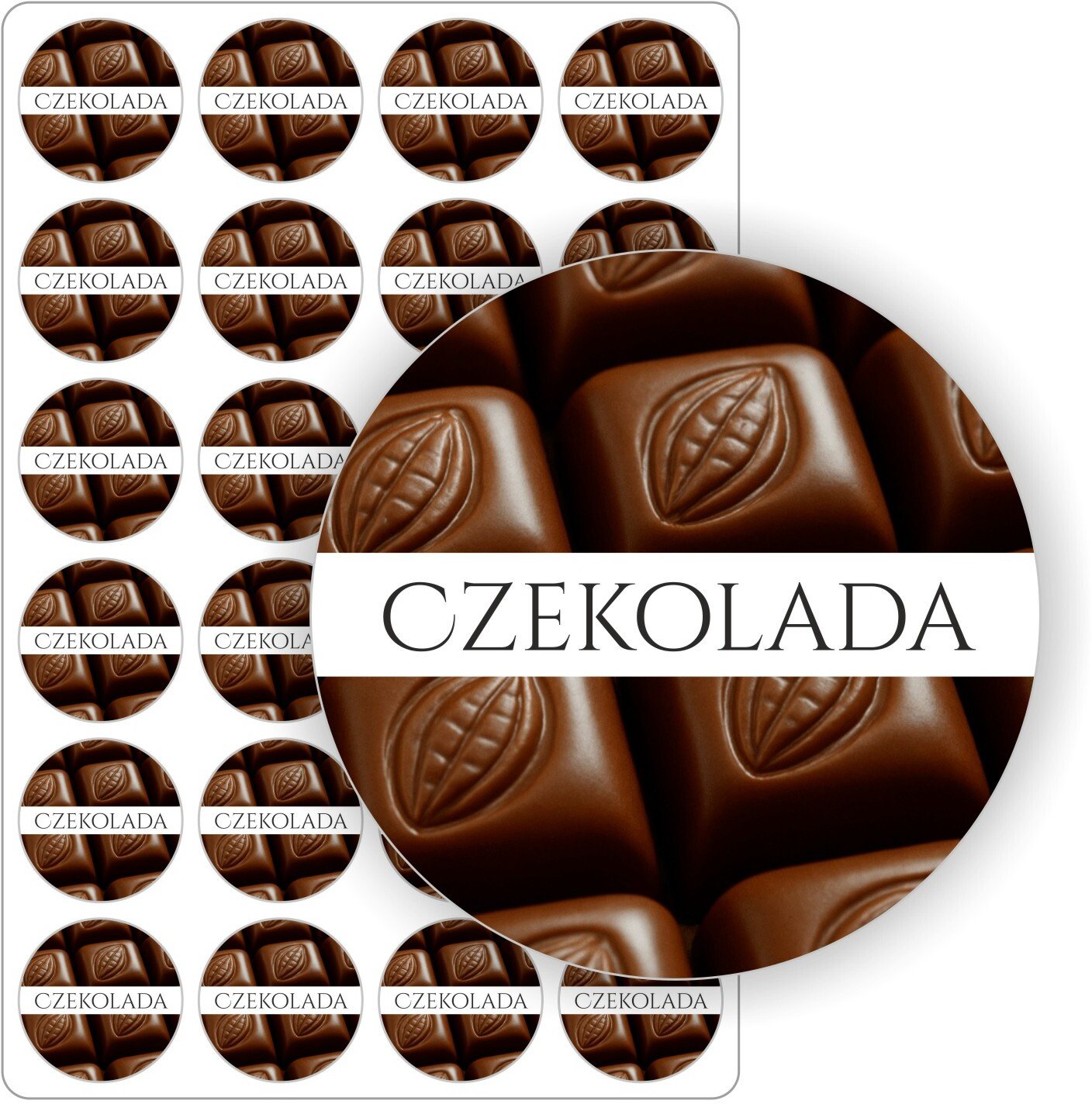 Stabilus naklejki etykietki nalepki czekoladowe kolorowe CZEKOLADA rękodzieło mydła świece olejki 24szt. (E-OWO_CZE_C5)