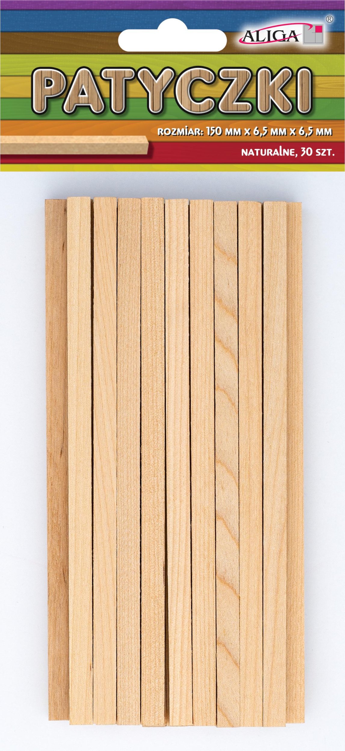 Aliga patyczki płaskie drewniane 30szt. NATURALNE 150x6,5x6,5mm