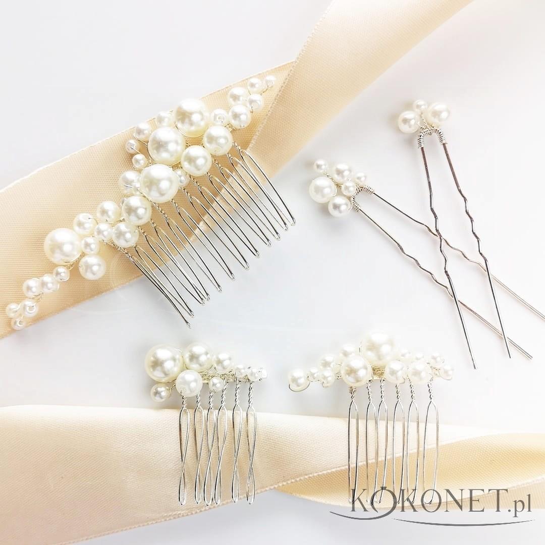 KOKONET Zestaw ozdób srebro grzebyki perły kokówki ślubne