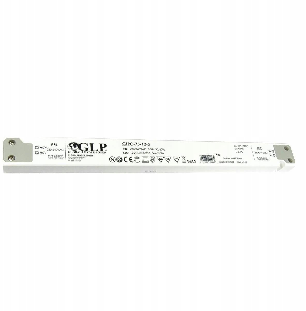 MPL Power GTPC-75-12-S: GLP PSU: 12V/6.25A, CV, plastic case, slim