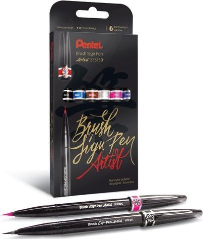 Artequipment PENTEL Pisaki pędzelkowe Brush Sign Pen Artist 6 kolorów uniw