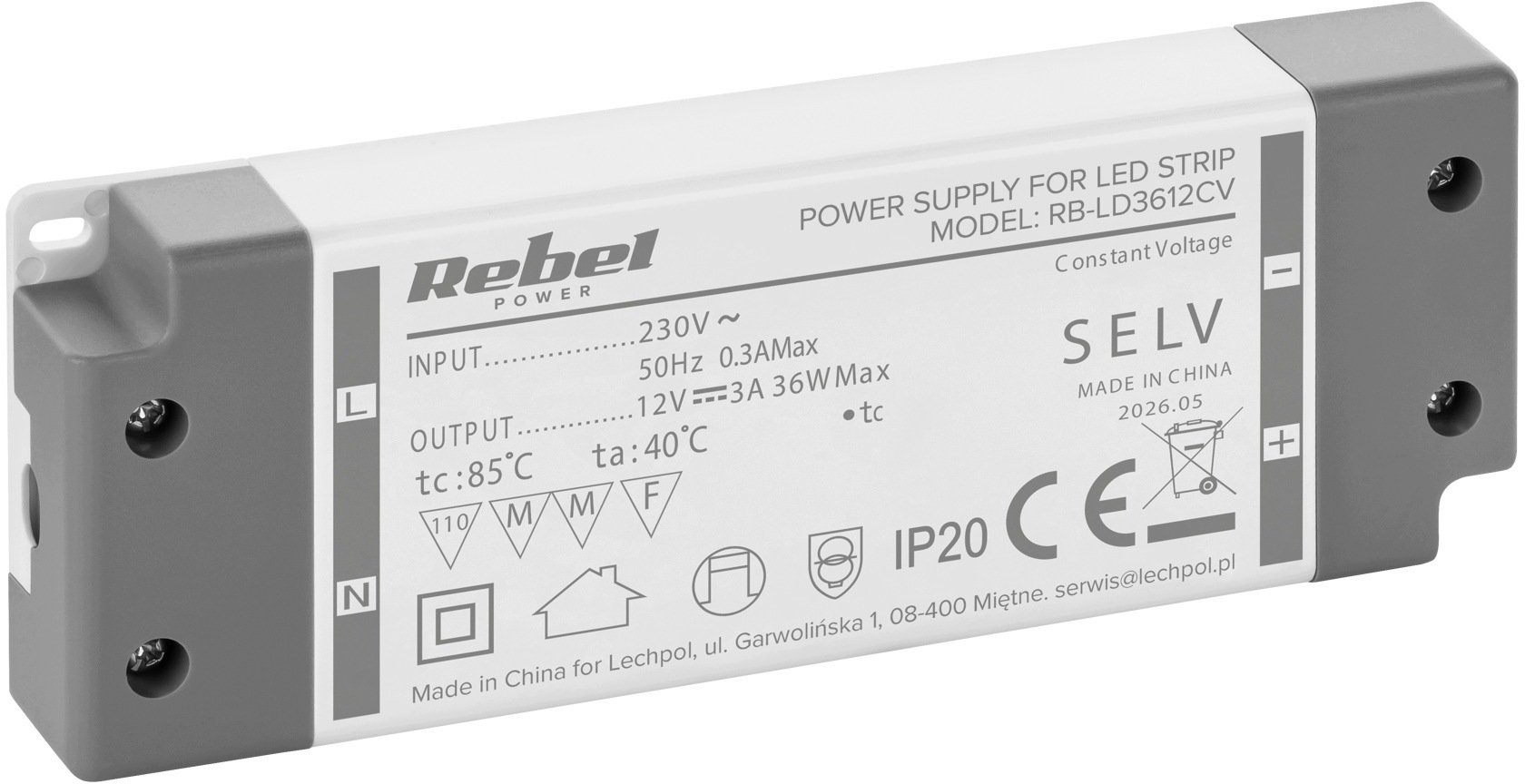 Rebel Zasilacz do sznurów LED 12V/3A max.36W IP20 (RB-LD3612CV)