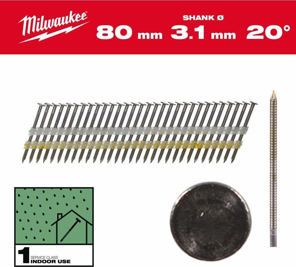 Milwaukee MILWAUKEE GWOŹDZIE 20° PIERŚCIENIOWE OKRĄGŁY ŁEB JASNY 80mm /1750szt. - M18 FFN21