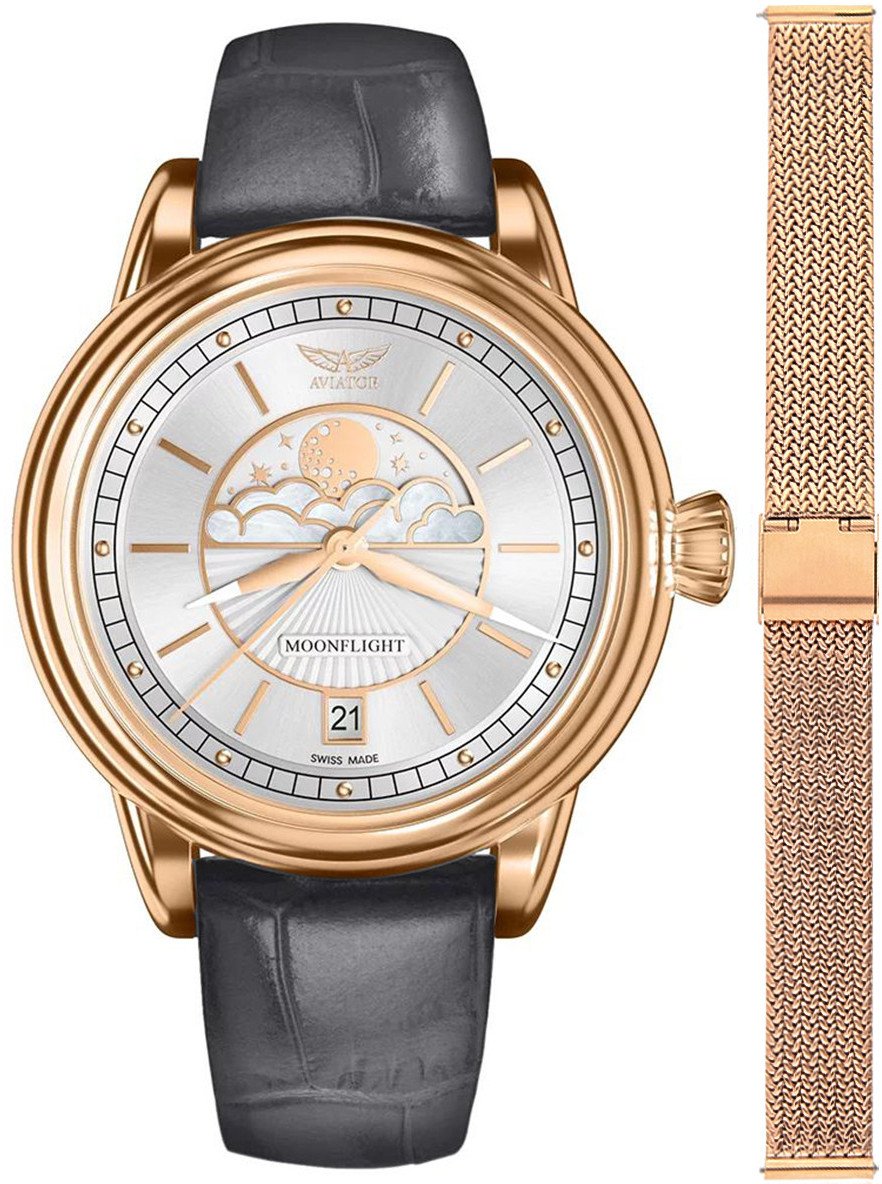 Zegarek Aviator Zegarek damski Aviator V.1.33.2.251.4GM-SET różowe złoto