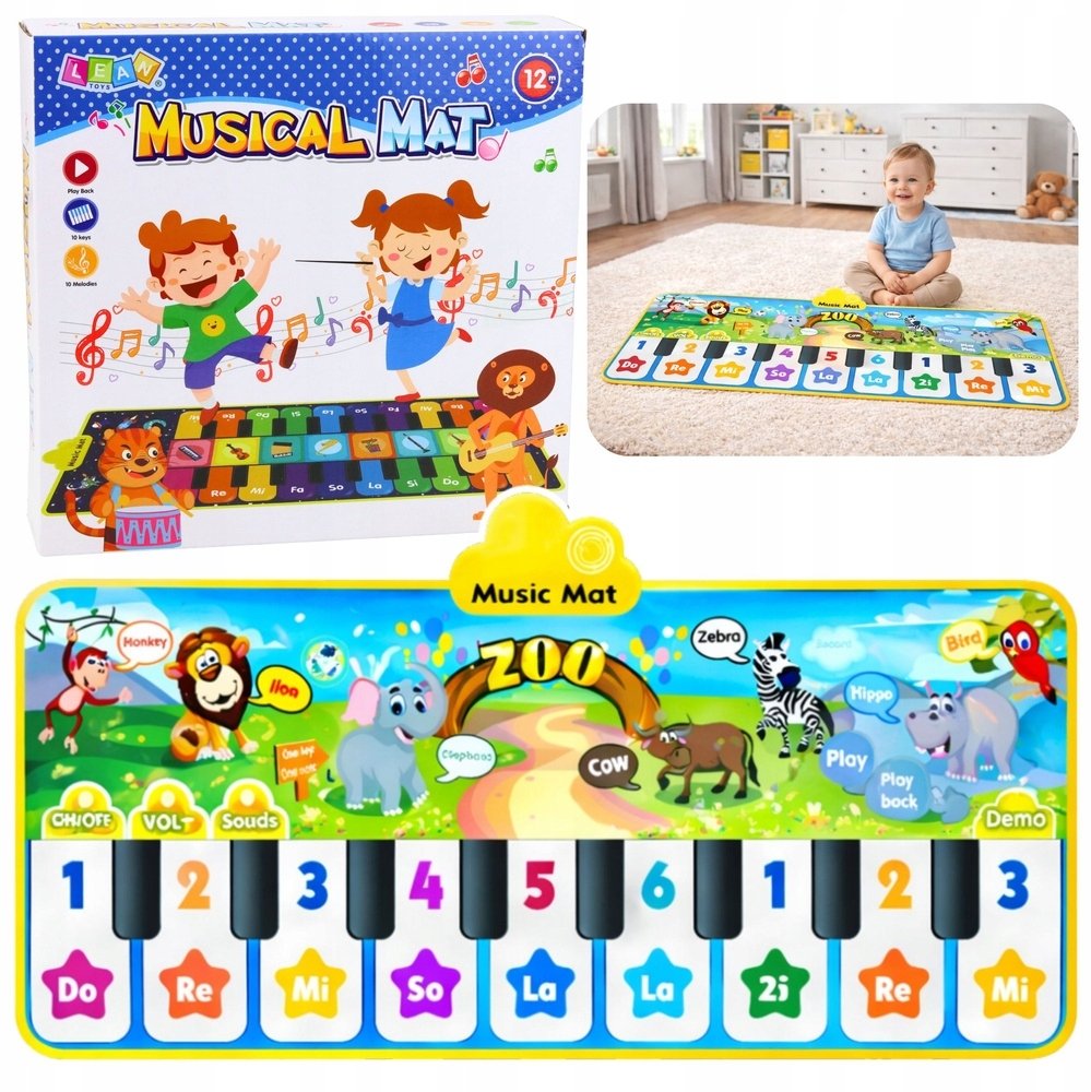 LeanToys Mata Taneczna Interaktywna Pianinko Zwierzęta ZOO 10 Melodii 126 cm