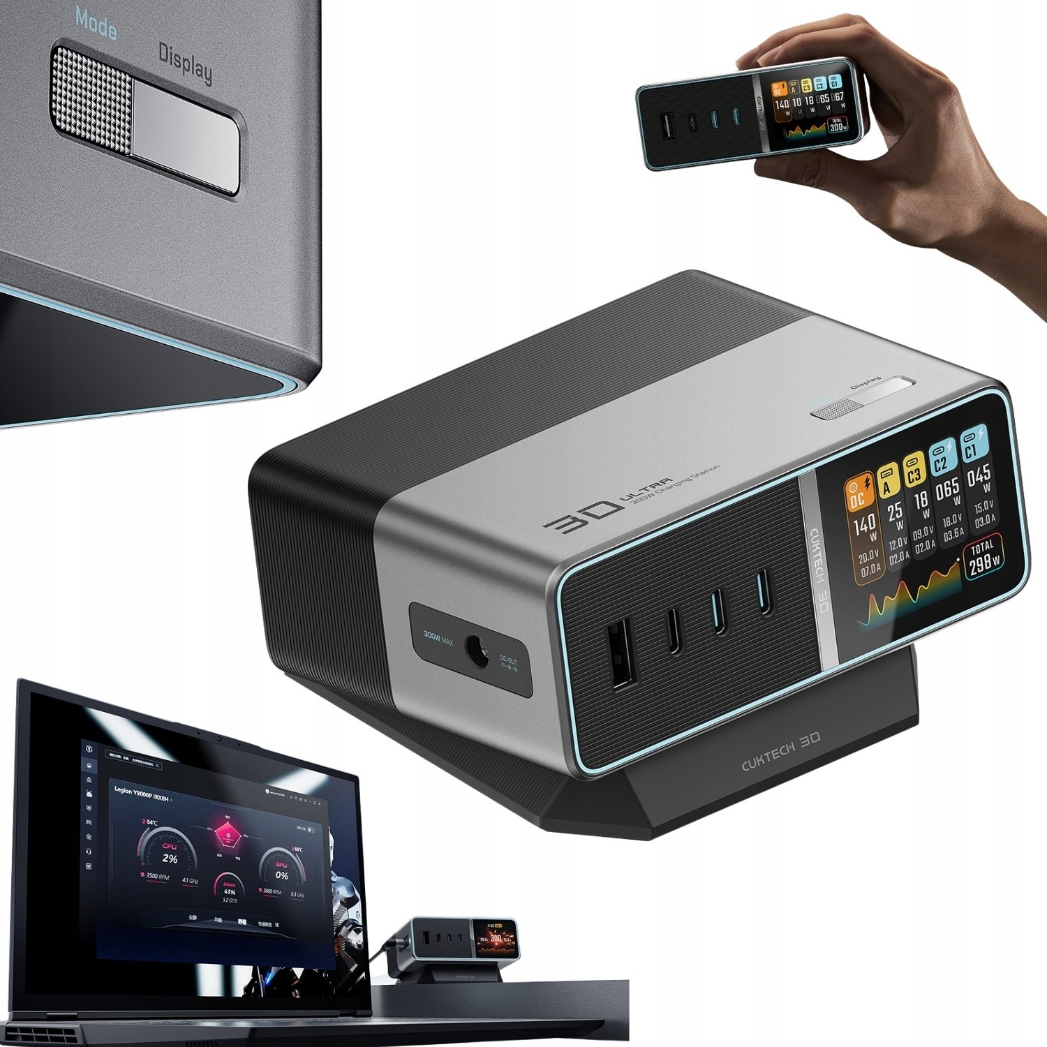 Ładowarka Cuktech Stacja ładująca Cuktech TA3005U 300W 5w1 z wyświetlaczem cyfrowym - srebrna