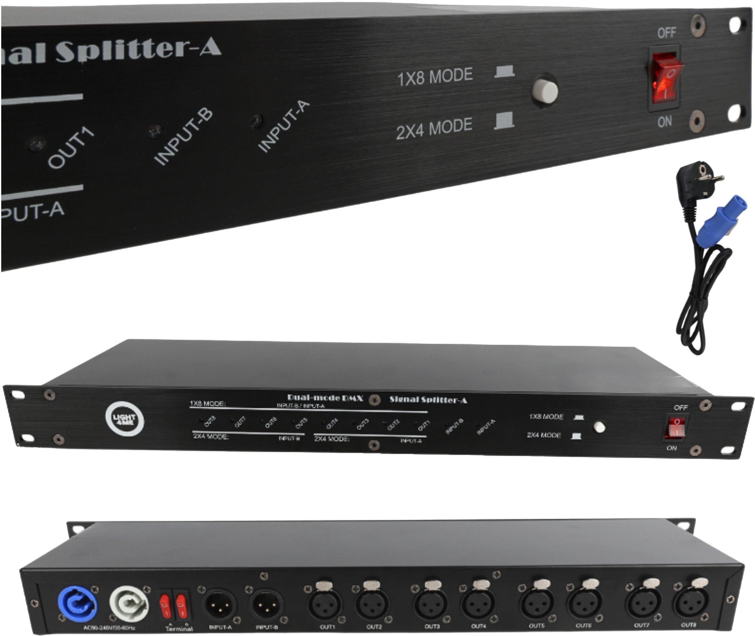 LIGHT4ME LIGHT4ME XSPLIT 2x4 rozdzielacz sygnału DMX splitter 8-kanałowy rack 19" 1U dwa tryby pracy...