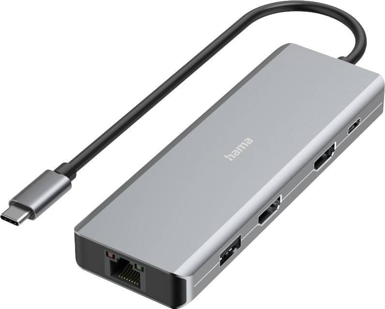 Stacja/replikator Hama USB 3.2 Gen 1 - 9 Portów z gniazdem szybkiego ładowania, z wtyczką USB-C, obsługa ultra HD szary