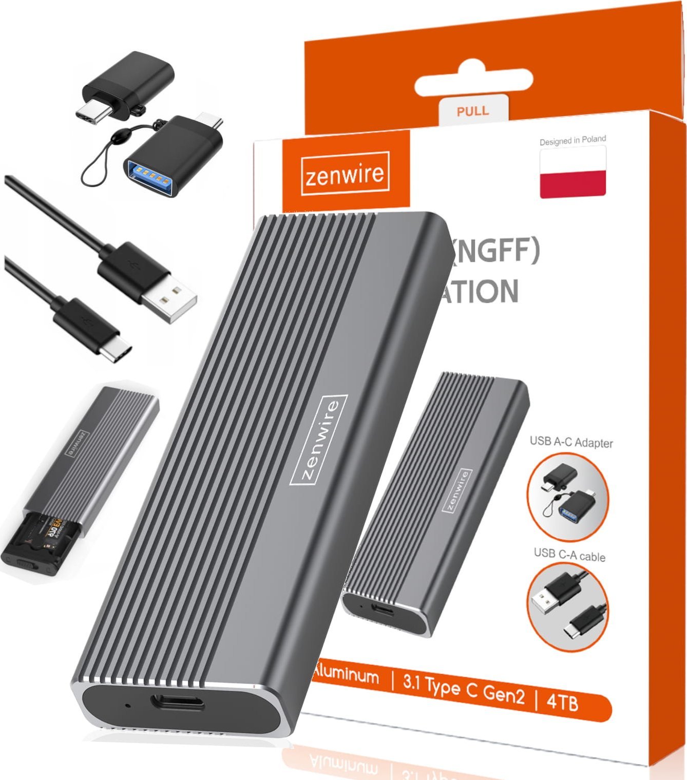 Kieszeń Zenwire Obudowa Dysku SSD m2 SATA NGFF USB-C USB 3.0 6GB/s Kieszeń na dysk Adapter m.2 Zenwi...