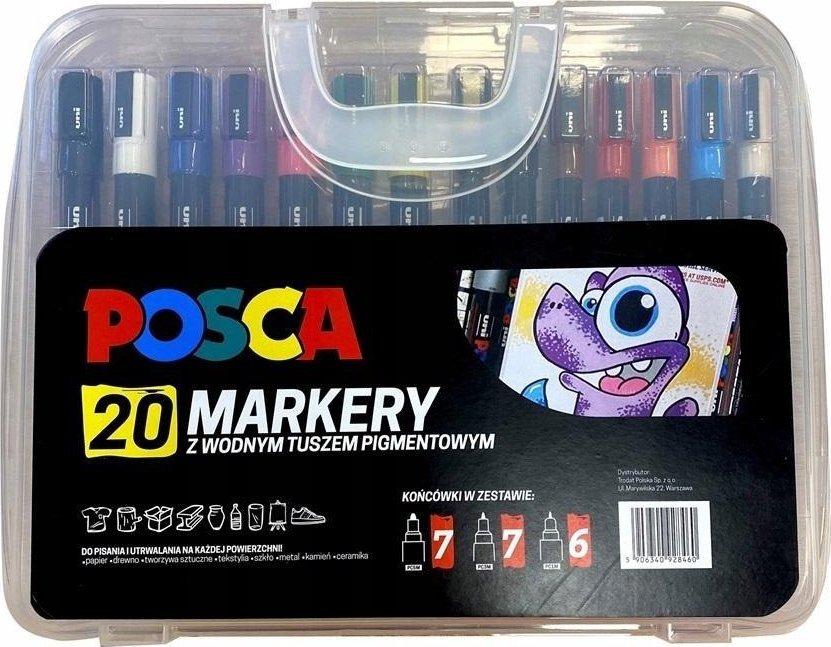 Uni Mitsubishi Pencil Markery w plastikowej walizce 20 kolorów POSCA