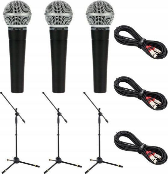 Mikrofon Shure SM58 - zestaw 3 sztuk + statywy i kable XLR