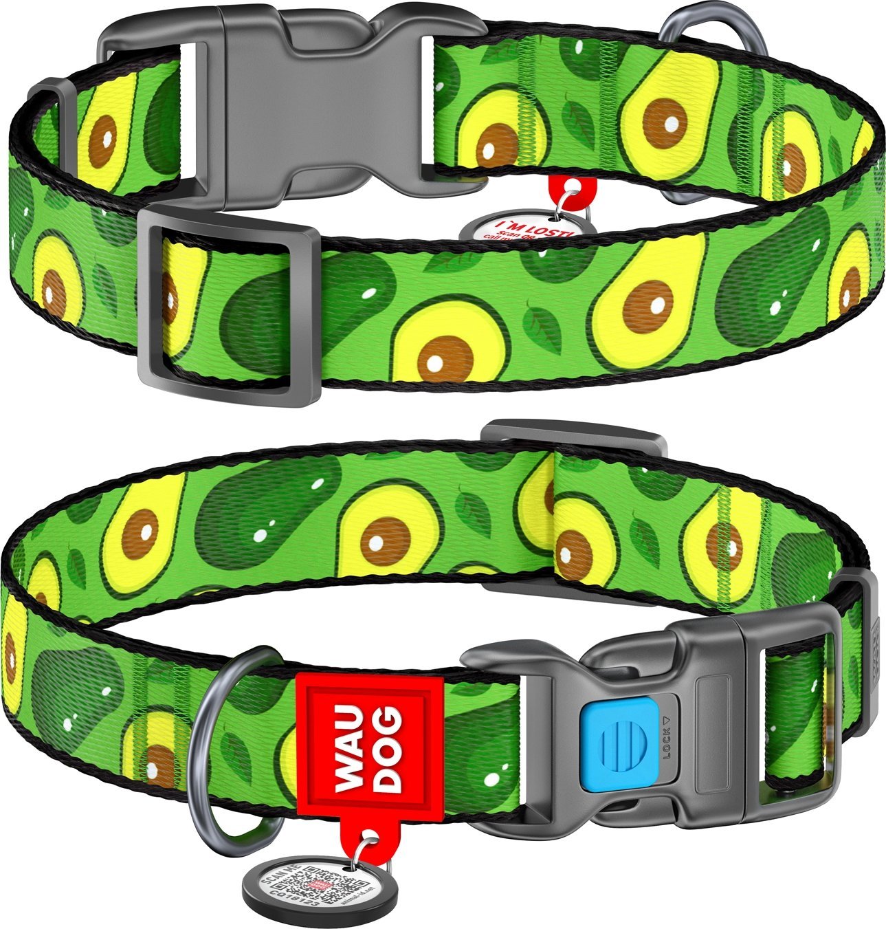 Collar WAU DOG OBROŻA NYLON Z ADRESÓWKĄ QR 20mm/28-40cm AWOKADO