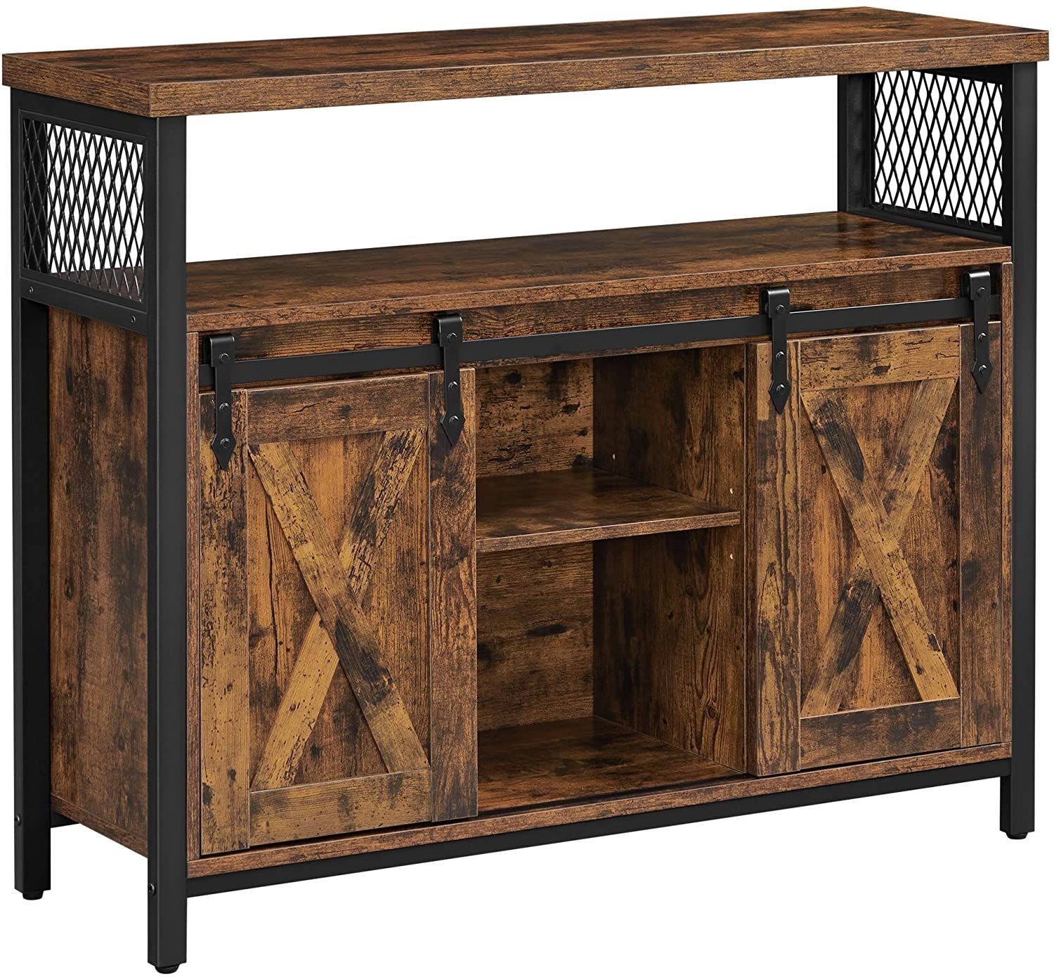 OSKAR Komoda 100x33x80 cm rustykalna loft brąz czarny stal z drzwiami przesuwnymi