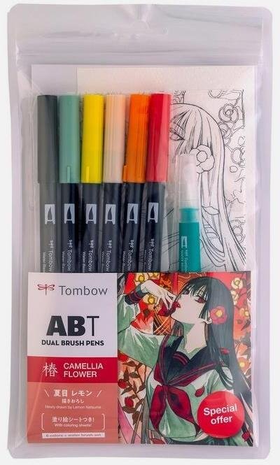 Tombow Flamastry 6kol + kolorowanka Kwiat kamelia