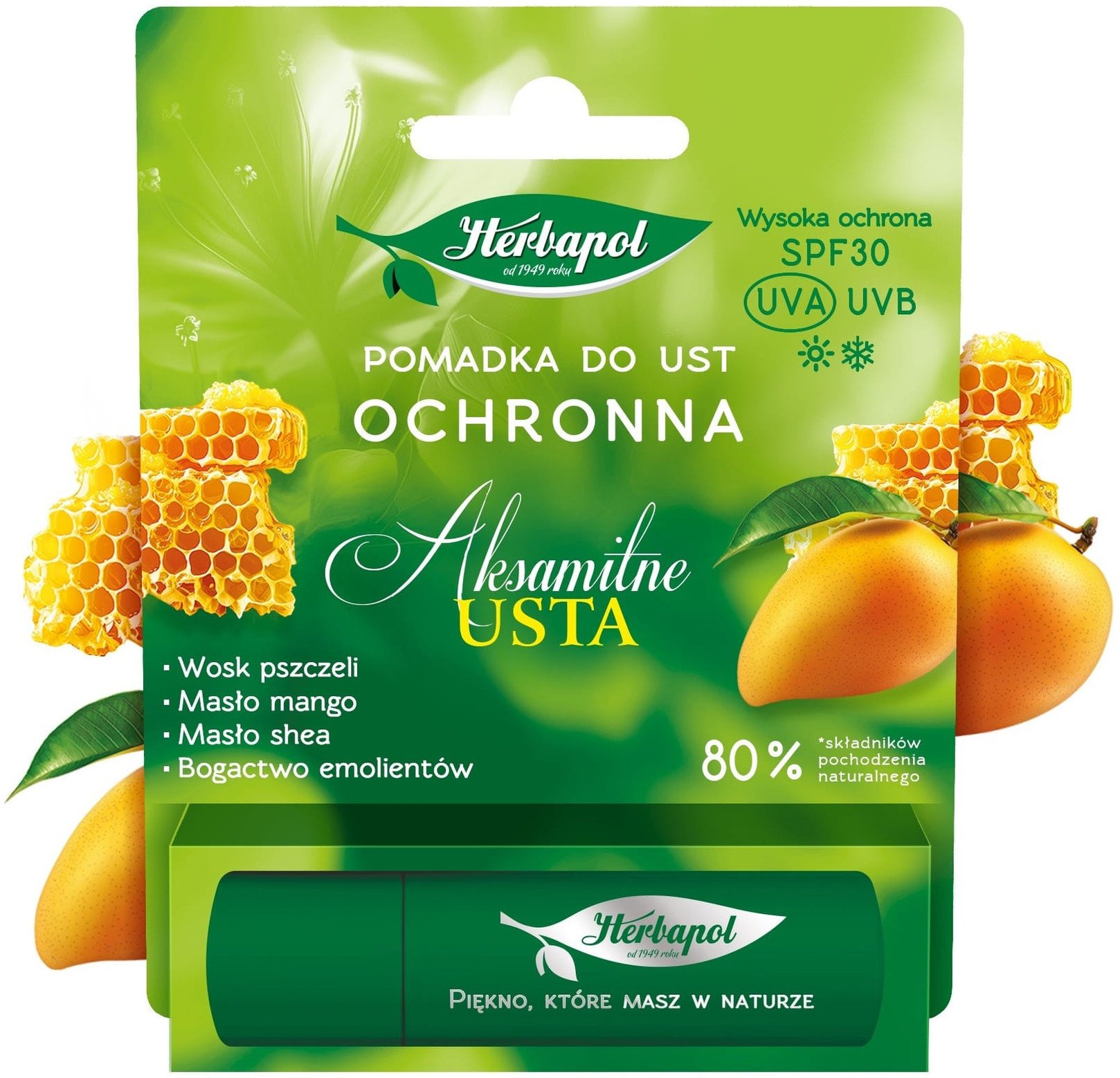 HERBAPOL Aksamitne Usta Pomadka ochronna do ust SPF30 - Mango 4.9 g