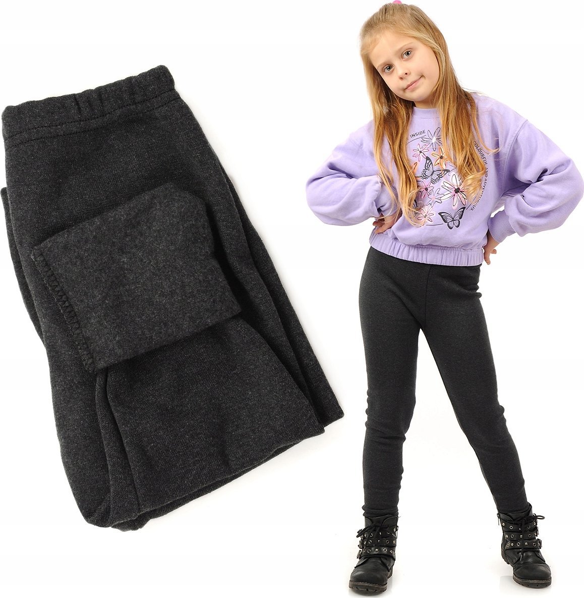 Ocieplane Legginsy dziecięce Polskie bawełniane getry Grafitowe 98