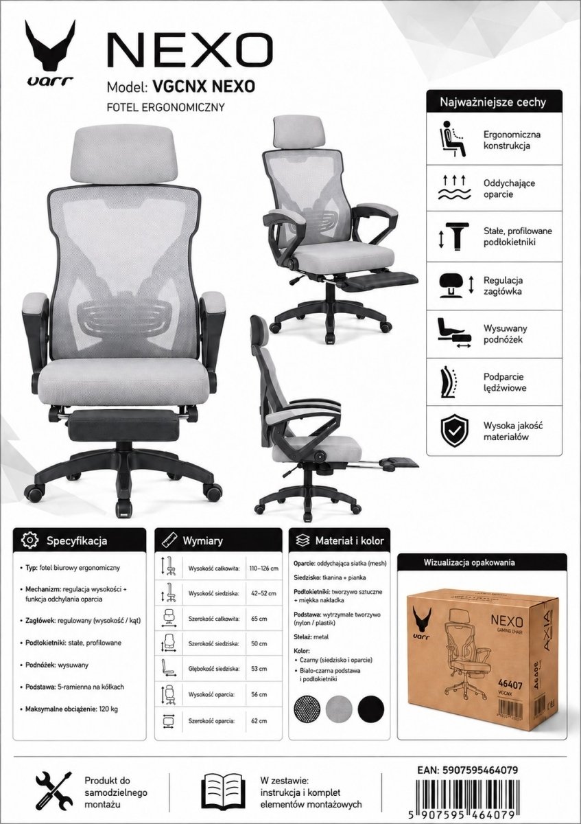 Fotel Varr Gaming ergonomic mesh chair NEXO fotel ergonomiczny gamingowy ponóżek white + black (VGCNX)