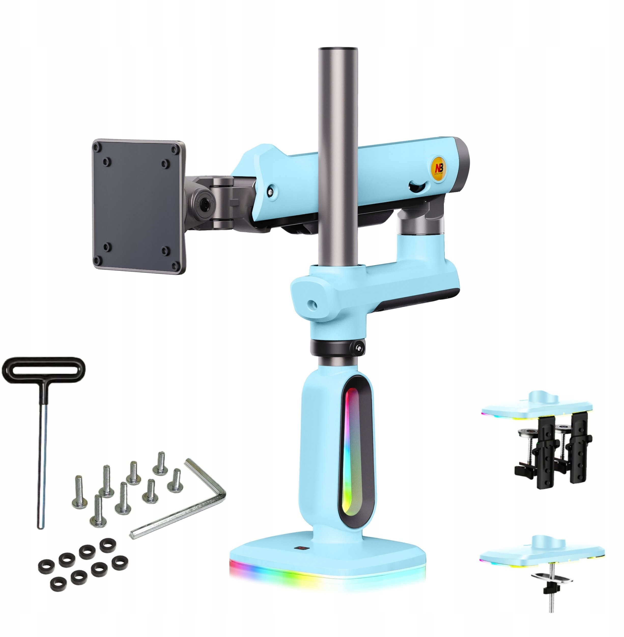 F7-XM Gulf Blue Podświetlenie RGB Gamingowy mocny uchwyt biurkowy do dużych monitorów 32-60 cali