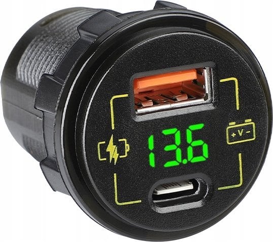 Ładowarka Blow Ładowarka samochodowa montażowa USB+USB-C M18A woltomierz