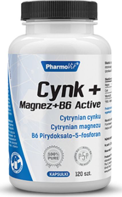 Pharmovit Cynk + Magnez + B6 Active 120 Kaps. Cynkowy cytrynian Magnezowy cytrynian B6 Pirydoksal-5-fosforan