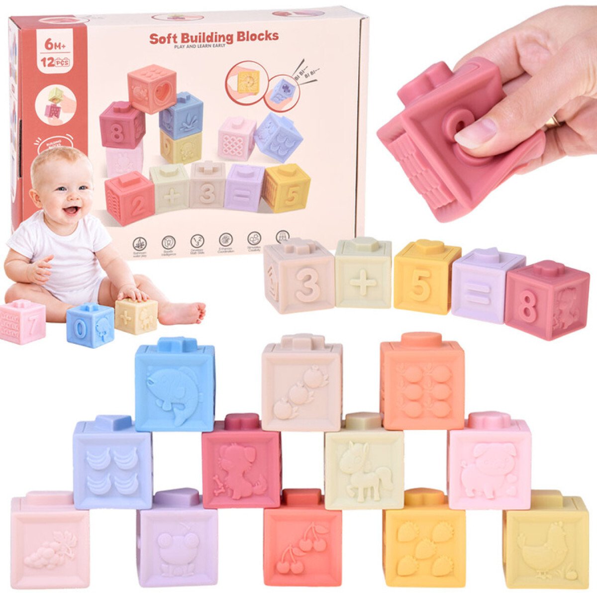 Jokomisiada Gumowe klocki - miękkie, sensoryczne, pastelowe 12szt. Edukamp (ZA6635)