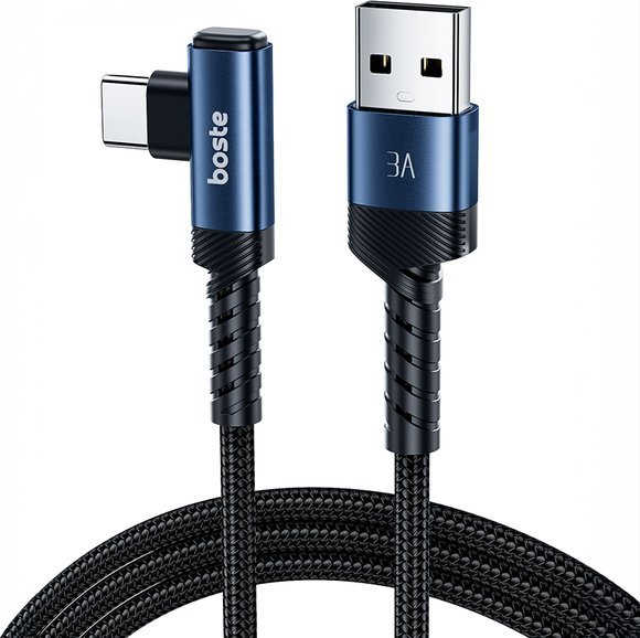 Boste Elastic Elbow Series Fast Charging Data Cable USB-A to USB-C 3A 2m Blue