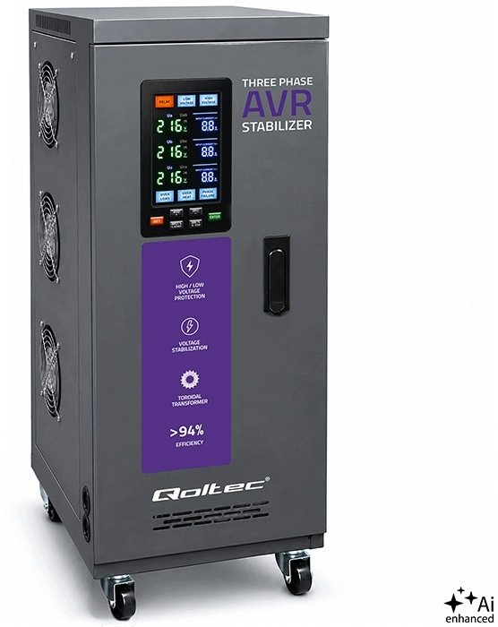 Qoltec Trójfazowy stabilizator napięcia AVR MULTIPROTECTION |10kVA | Dokładność ± 3% | Serwomotor 3F...