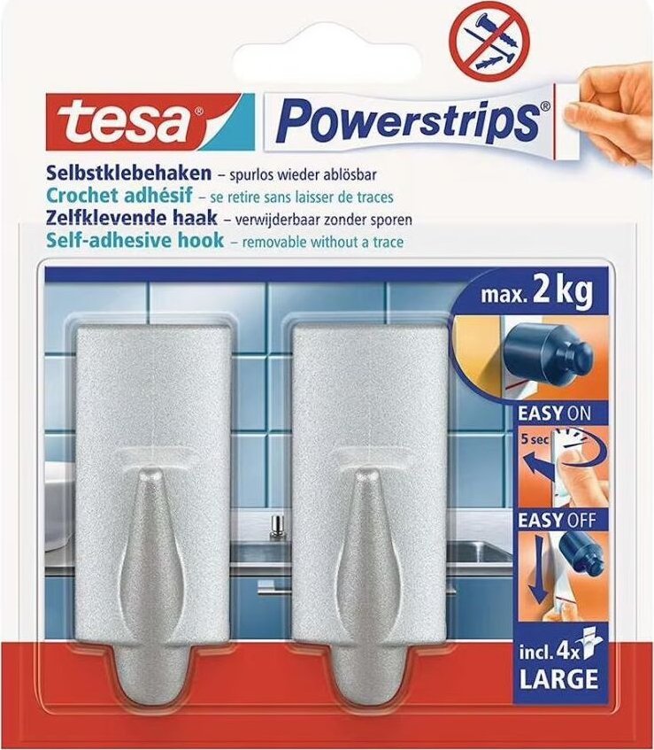 Tesa Haczyki samoprzylep.powerstr.2 szt.prostokąt.duże,chrom mat