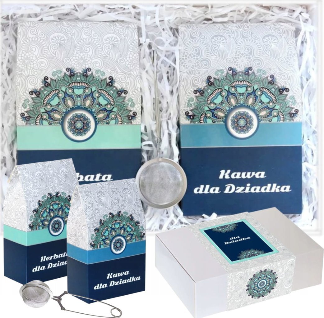 Cup&You Zestaw prezentowy dla dziadka. Zestaw 10 herbat sypanych, zestaw 10 kaw mielonych + zaparzacz. Prezent upominke na Dzień Dziadka i nie tylko.