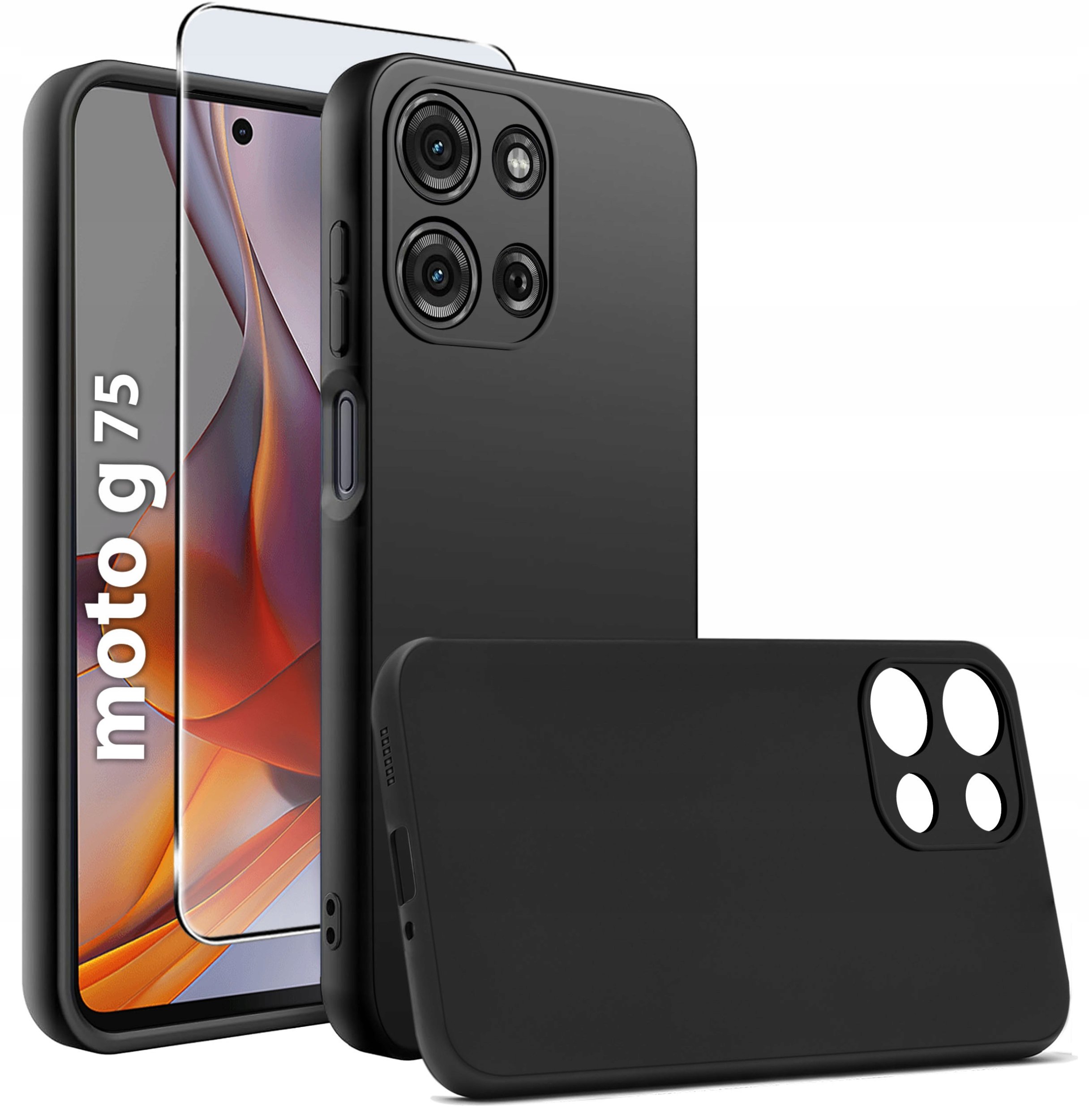 krainaGSM Etui do Motorola G75 5G CASE Gumowe CZARNE Matowe Silikon Slim + SZKŁO 9H