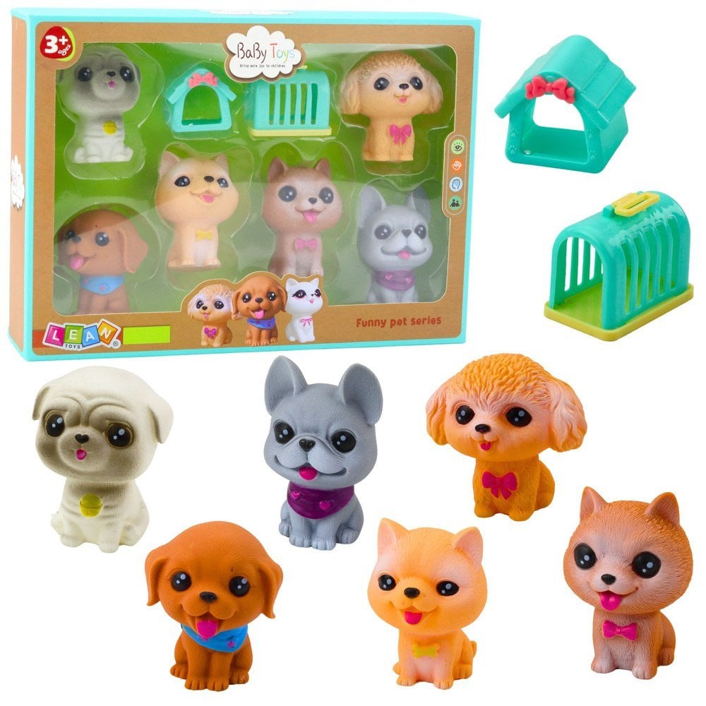 Figurka LeanToys Zestaw Figurek Pieski Gumowe Piszczałka Buda Transporter 6szt LEAN Toys