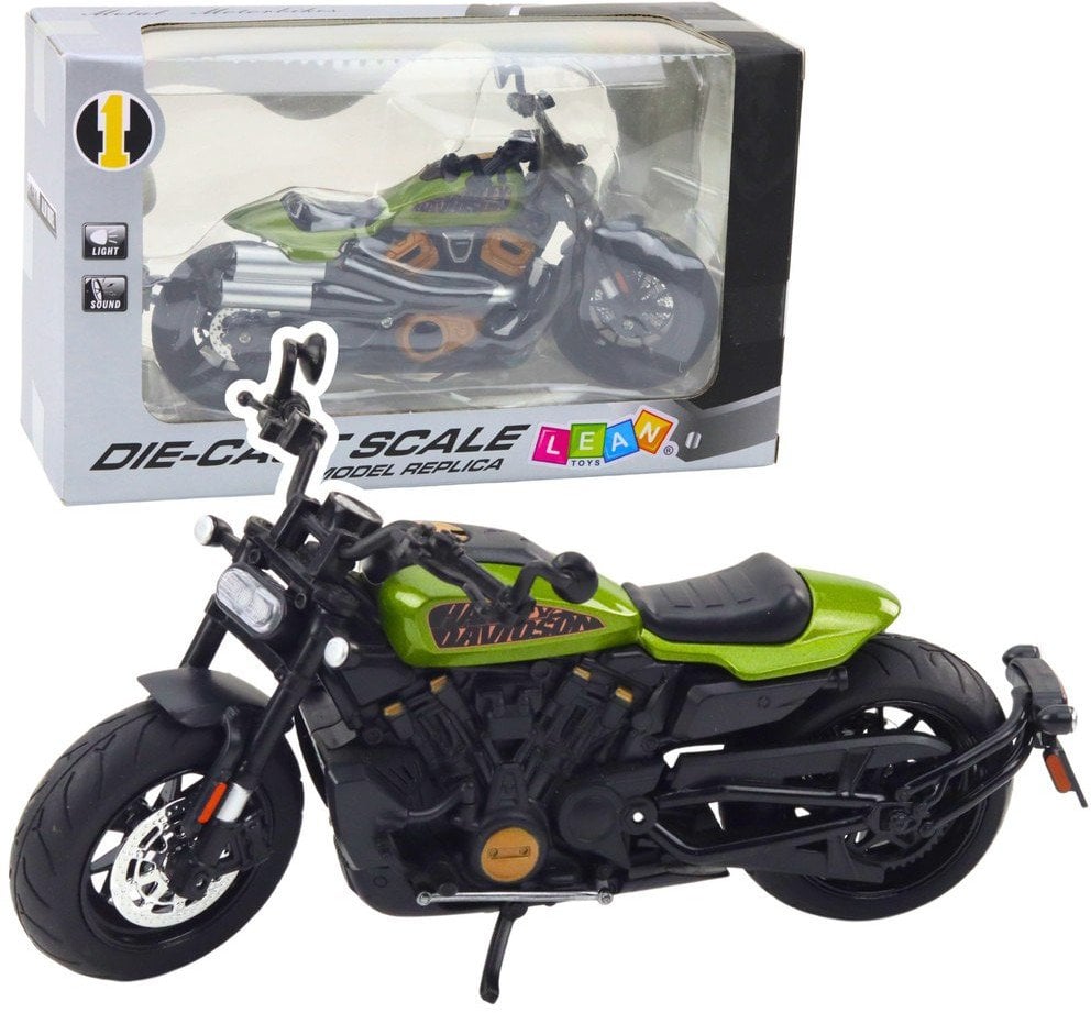 LeanToys Motocykl Chopper Metalowy Światła Dźwięki Czarny Zielone Elementy 1:12