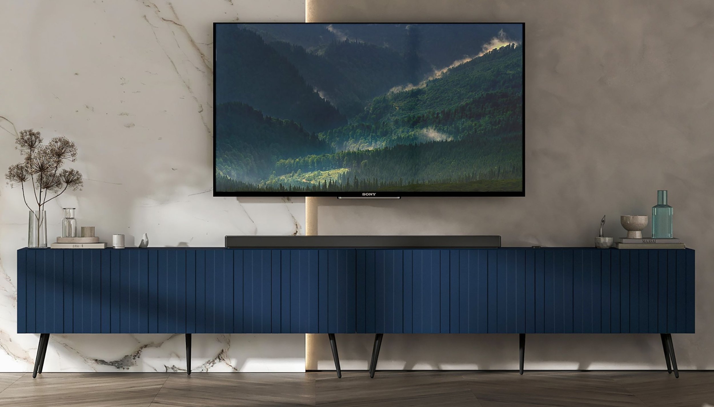 Szafka RTV Glamour Komoda RTV Granatowy MAT 300 cm Loft Ryflowana Nogi czarne metalowe