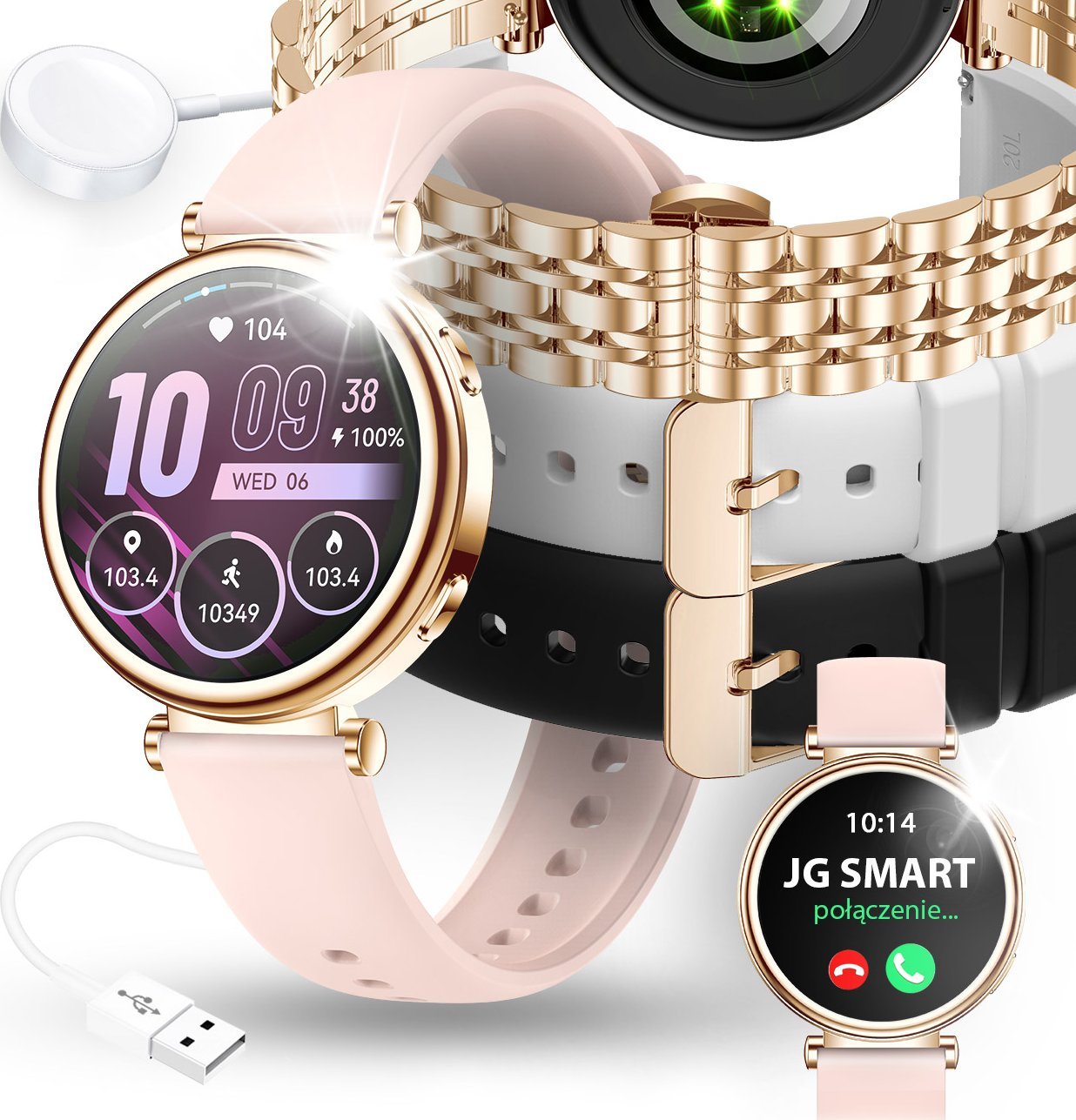 Smartwatch JG Smart Damski Zegarek Polskie Menu Rozmowy Powiadomienia Sport 4 Paski