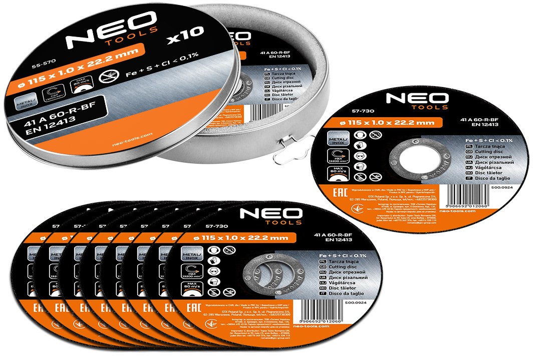 Neo Tarcza tnąca do metalu 115 x 1.0 x 22.2 mm, 41 A60-R-BF, INOX, 10 szt.