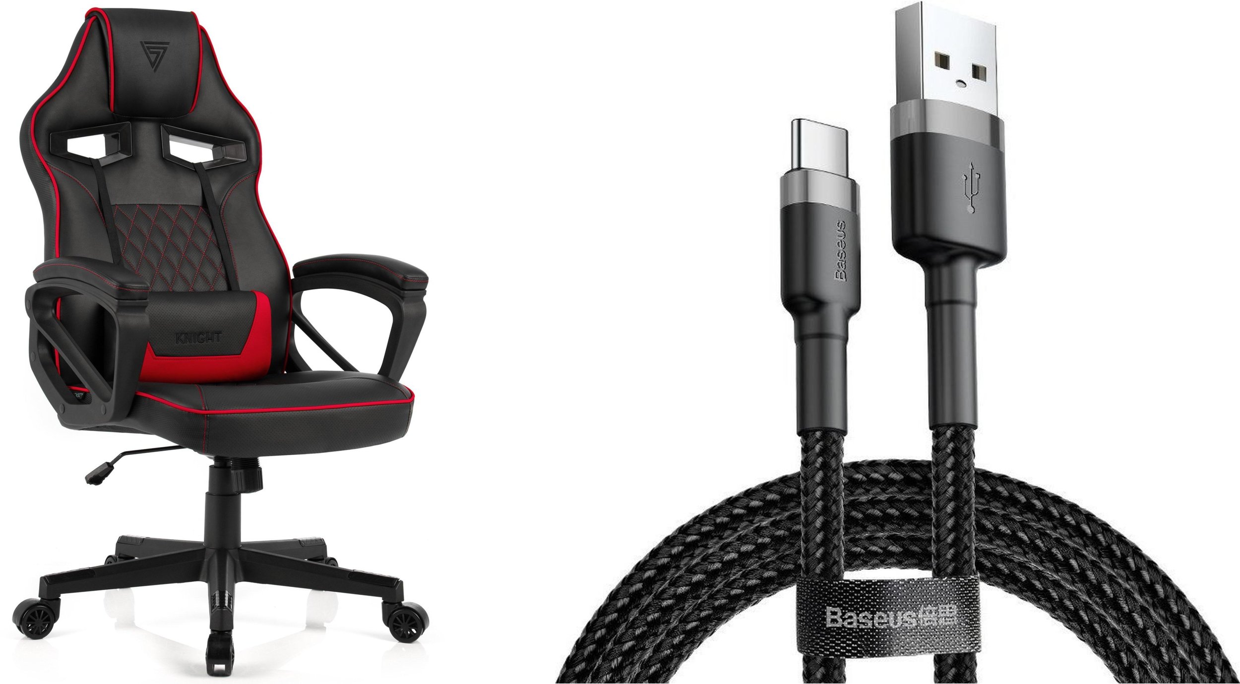 Fotel SENSE7 Knight czarno-czerwony + kabel usb