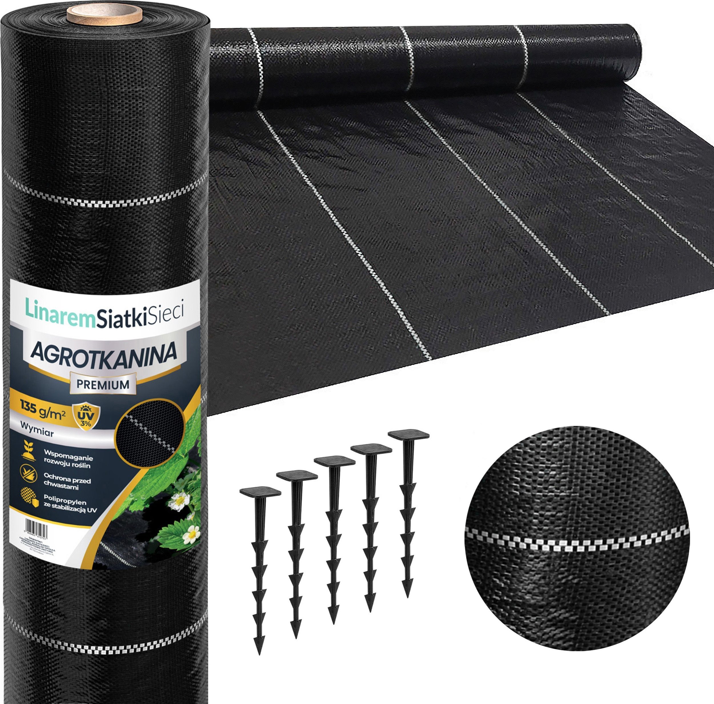 Linarem SiatkiSieci AGROTKANINA 135G 0,8x50m PREMIUM UV 3% AGROWŁÓKNINA CZARNA MATA + KOŁKI