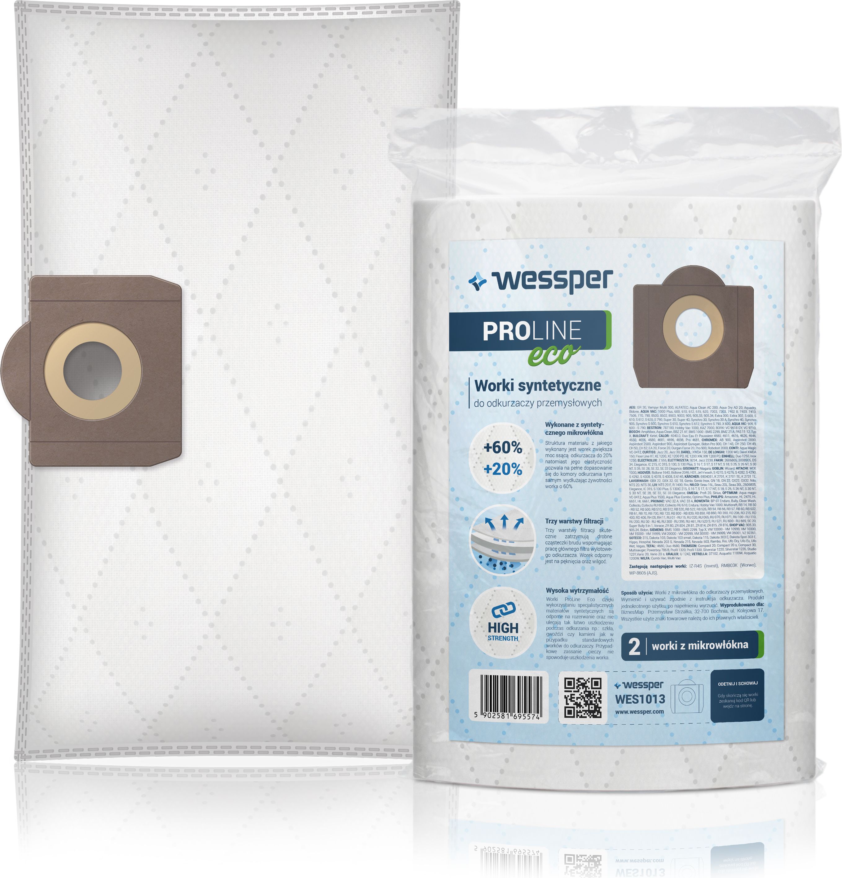 Worek do odkurzacza Wessper do Rowenta RU 100 110 200 600, EINHELL DUO 1250, INOX 1250 20 - syntetyczne 2 sztuki