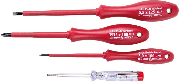 K&K Zestaw Wkrętaków Izolowanych 1000V + Próbnik 125-250V Śrubokręty 4szt