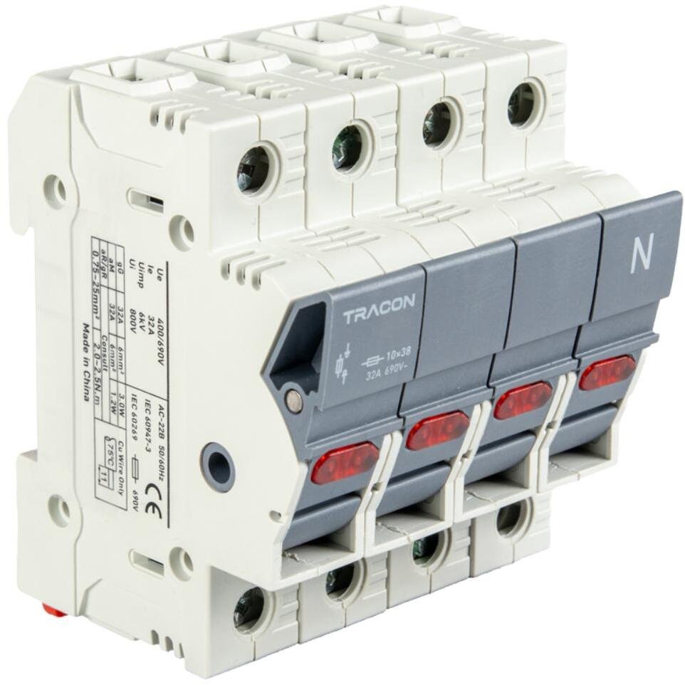 Tracon Electric Osprzęt instalacyjny Modułowa podstawa bezpieczników cylindrycznych 32A 3P+N 10x38