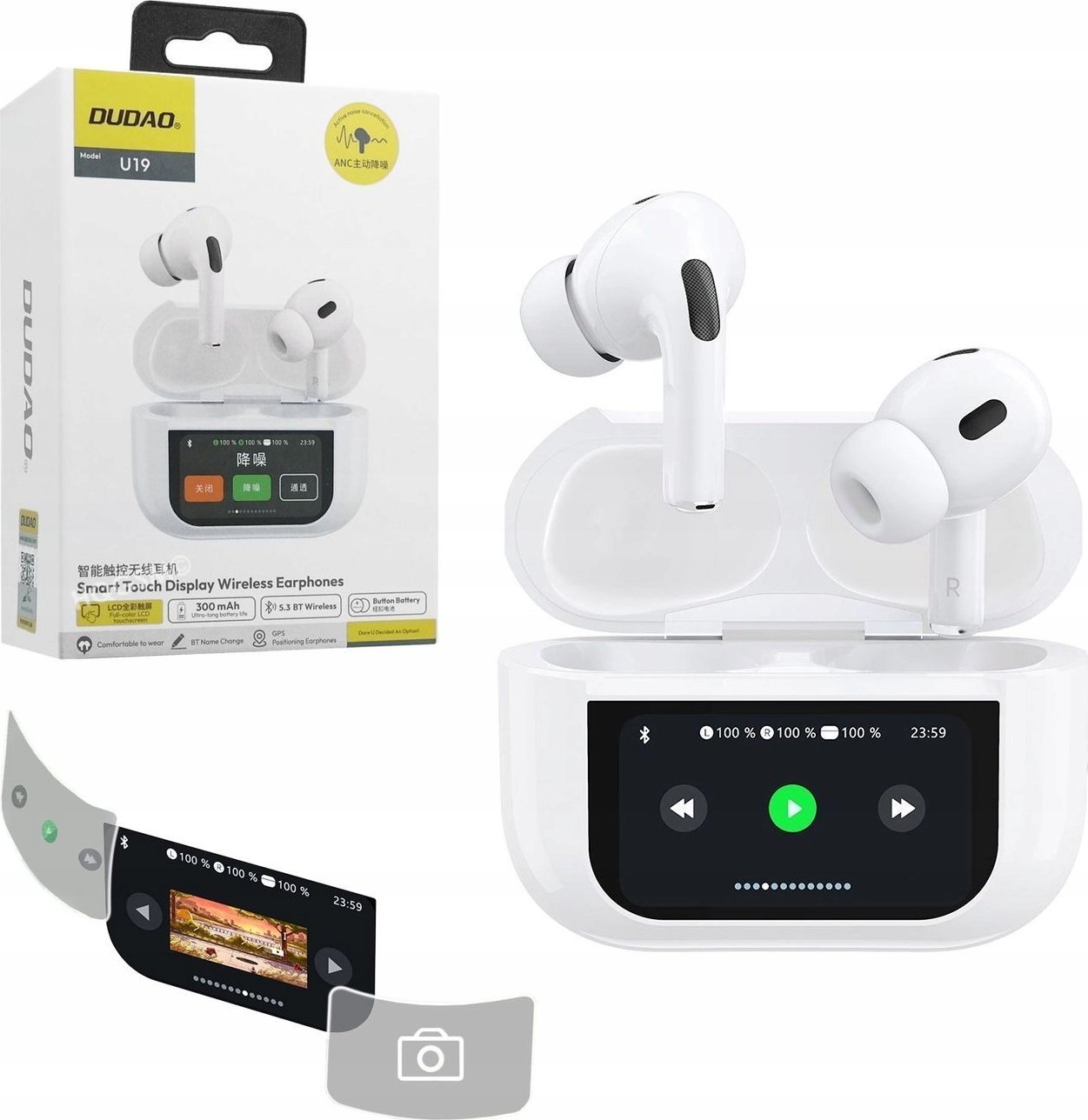 Słuchawki Dudao Słuchawki U19 douszne TWS bezprzewodowe Bluetooth 5.3 z wyświetlaczem LED - białe