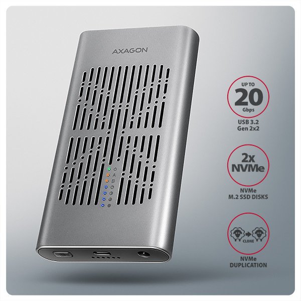 Axagon AXAGON EEM2-20GD, zewnętrzna obudowa USB-C 20 Gbps na dwa dyski SSD M.2 NVMe z funkcją klonow...