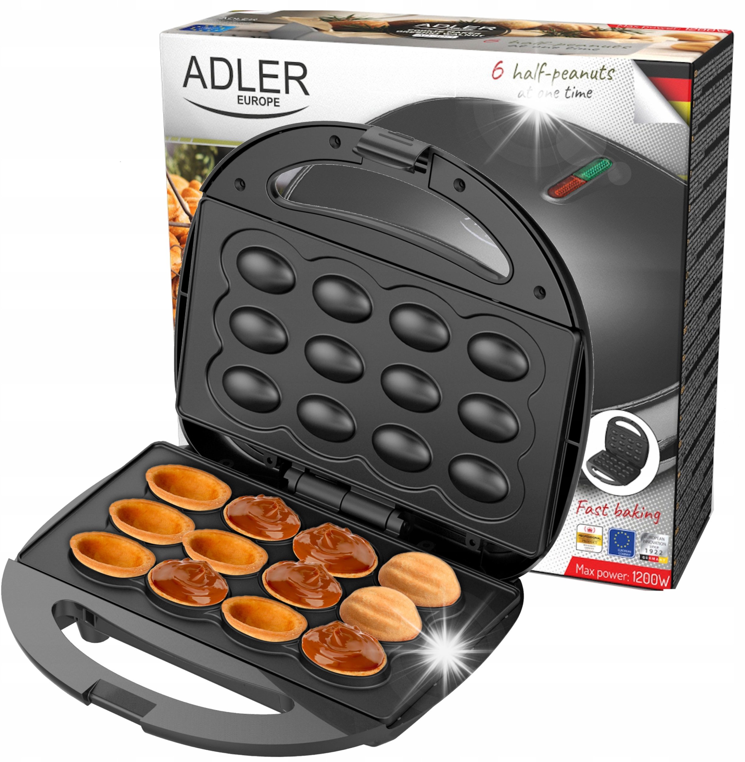 Opiekacz Adler OPIEKACZ DO ORZESZKÓW CIASTEK Forma 12 sztuk 1200W Powłoka nieprzywierająca