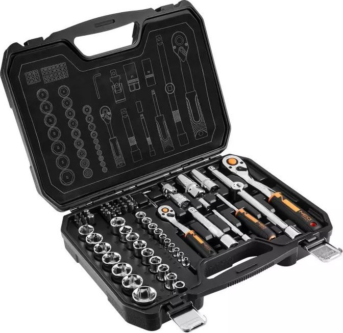 NEO TOOLS, Klucze nasadowe 1/2', 1/4', zestaw 73 szt., CrV, 10-054