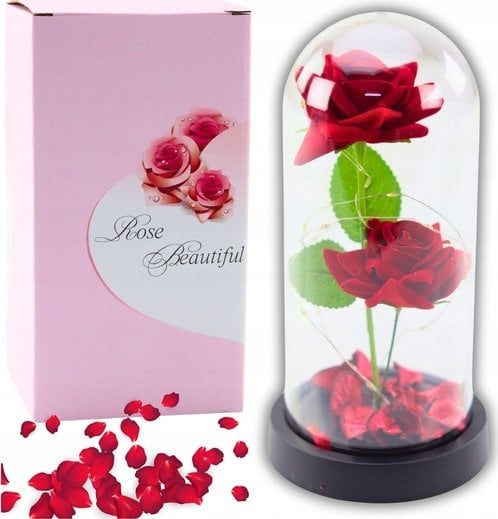 Wieczne 2 Róże w Kopule z Oświetleniem LED i Płatkami Róż Czerwone 21x11cm
